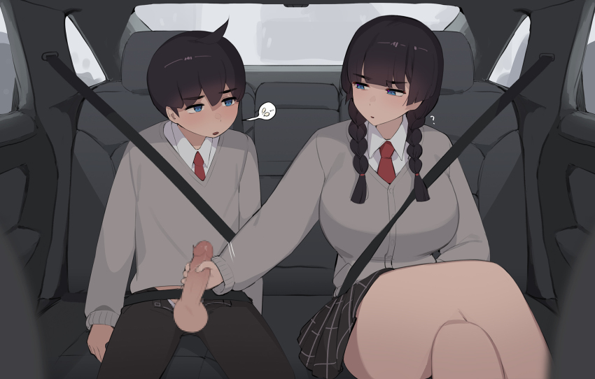 1boy 1girl ? age_difference ahoge akiyama_fumika_(pepper0) akiyama_yuto_(pepper0) black_hair black_pants black_skirt blue_eyes blush braid brother_and_sister car_interior censored commentary crossed_legs handjob hetero highres incest long_hair manspreading mosaic_censoring necktie onee-shota open_fly original pants parted_lips penis pepper0 plaid_clothes plaid_skirt red_necktie school_uniform seatbelt shirt shota siblings sitting skirt stealth_sex sweater symbol-only_commentary testicles v-neck white_shirt window