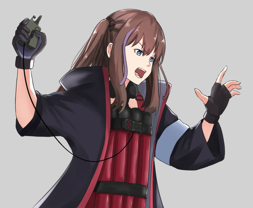 1girl black_gloves blue_eyes bomb brown_hair command_&amp;_conquer command_&amp;_conquer:_generals commentary cyka detonator dynamite english_commentary explosive fingerless_gloves girls&#039;_frontline gloves grey_background hair_between_eyes hair_ornament highres holding imminent_suicide medium_hair multicolored_hair one_side_up open_mouth purple_hair sidelocks simple_background solo st_ar-15_(girls&#039;_frontline) streaked_hair suicide suicide_bomb terrorist_(c&amp;c:_generals)