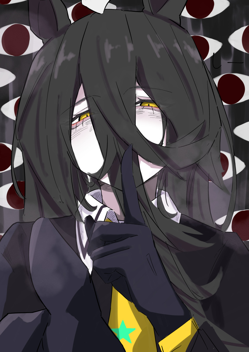1girl absurdres animal_ears bags_under_eyes black_coat black_gloves black_hair black_shirt coat collared_shirt commentary_request contrast_collar disembodied_eye finger_to_mouth gloves hair_between_eyes hand_up heavy_breathing highres horror_(theme) horse_ears horse_girl index_finger_raised javelinlin1108 long_hair long_hair_between_eyes long_sleeves manhattan_cafe_(creeping_shadow)_(umamusume) manhattan_cafe_(umamusume) mikami_jun_(haaryan) necktie pale_skin shirt shushing solo umamusume white_hair yellow_eyes yellow_necktie