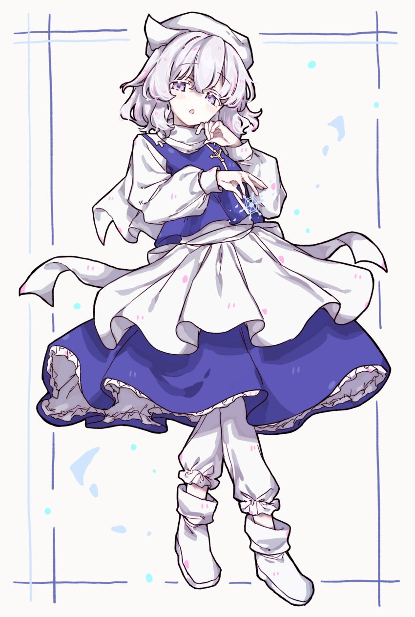1girl apron blue_shirt blue_skirt commentary_request full_body highres lapel_pin letty_whiterock long_sleeves looking_at_viewer medium_hair okura_0915 original shirt skirt solo touhou waist_apron white_background white_hair
