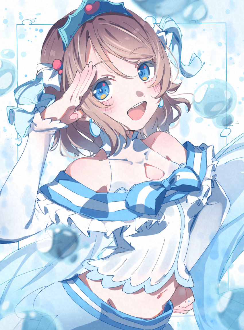 1girl 493water air_bubble arched_back arm_up bare_shoulders blue_background blue_eyes bracelet brown_hair bubble clothing_cutout commentary_request dress earrings frills gem grey_hair hand_on_own_hip head_tilt heart highres idol jewelry koi_ni_naritai_aquarium looking_at_viewer love_live! love_live!_sunshine!! midriff navel pearl_bracelet red_gemstone ribbon salute simple_background single_earring skirt smile solo striped_clothes tiara watanabe_you white_background