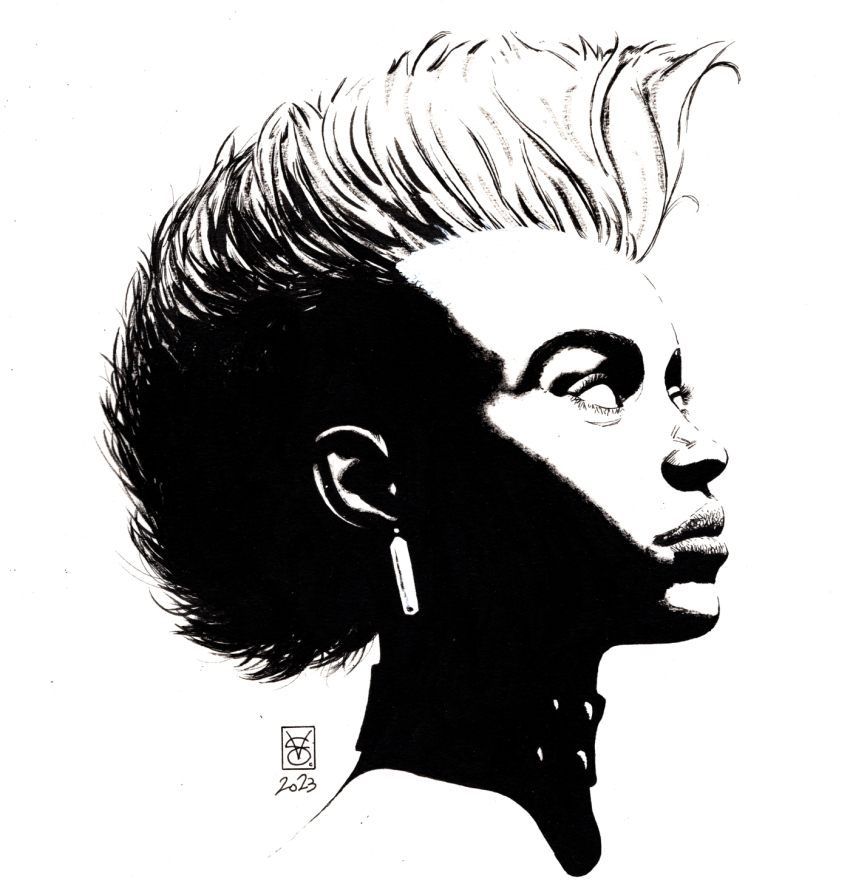 1girl 2023 artist_name choker commentary commission dated english_commentary from_side highres marvel mohawk monochrome new_york_comic_con portrait scan sidelighting signature solo storm_(x-men) traditional_media valerio_giangiordano western_comics_(style) white_eyes x-men
