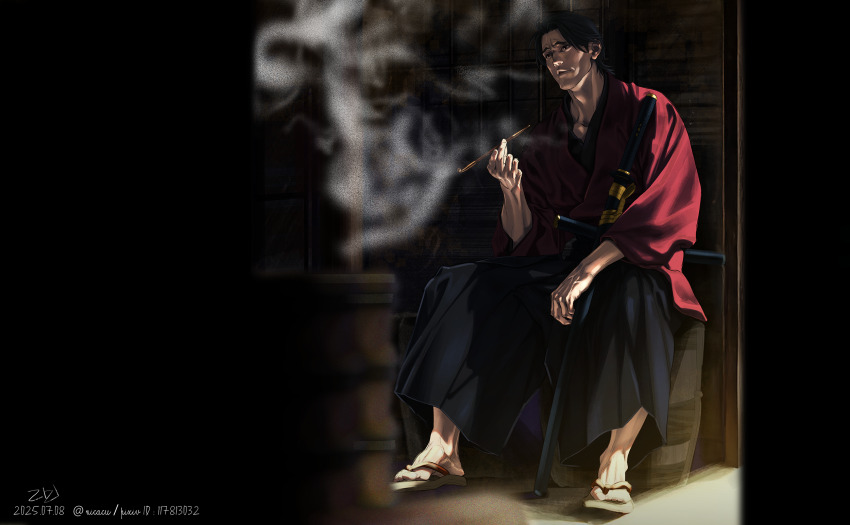 1boy akiyama_shun black_hair commentary_request geta hakama haori highres holding holding_smoking_pipe japanese_clothes katana katsura_kogorou_(ishin) kimono kiseru male_focus nicacu ryuu_ga_gotoku_(series) ryuu_ga_gotoku_ishin! sandals sheath sheathed sitting smoke smoking_pipe solo sword weapon