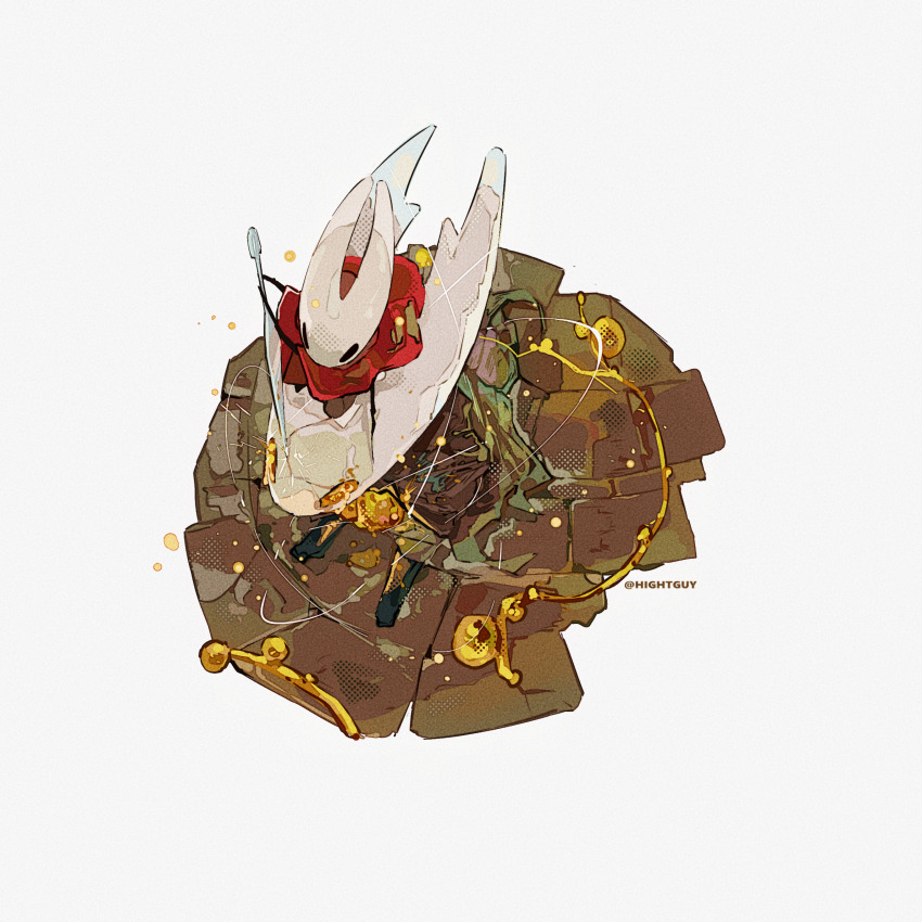 1girl 1other absurdres arthropod_girl artist_name black_skin boss_fight brown_cloak chinese_commentary cloak colored_skin commentary_request film_grain from_above full_body gold half-siblings halftone highres hightguy holding holding_sword holding_weapon hollow_eyes hollow_knight hollow_knight_(character) hornet_(hollow_knight) horns mask needle_(hollow_knight) red_cloak signature simple_background sitting sitting_on_head sitting_on_person spoilers standing string sword weapon white_background white_mask yellow_eyes