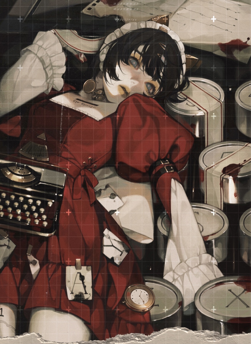 1girl absurdres animal_ears arm_belt baichuan_baichuan black_hair blood blue_eyes clock cowboy_shot dress eyelashes fake_animal_ears frills hair_ornament hairclip headdress highres juliet_sleeves lips long_sleeves looking_afar original paper parted_lips puffy_sleeves red_dress ringed_eyes short_hair solo typewriter white_headdress