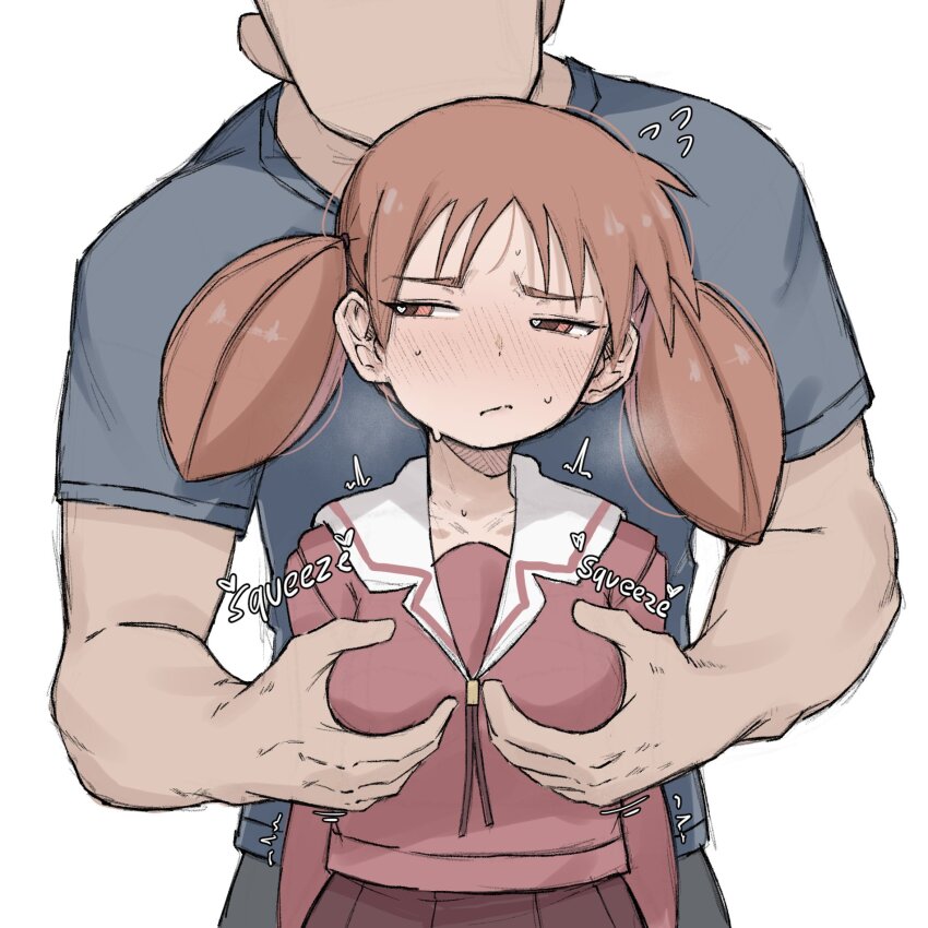 1boy 1girl azumanga_daioh's_school_uniform azumanga_daiou breasts brown_eyes faceless faceless_male grabbing_another's_breast groping groping_motion heart heart-shaped_pupils height_difference highres mihama_chiyo molestation pleated_skirt school_uniform sexual_harassment simple_background skirt small_breasts symbol-shaped_pupils twintails white_background zlix0n