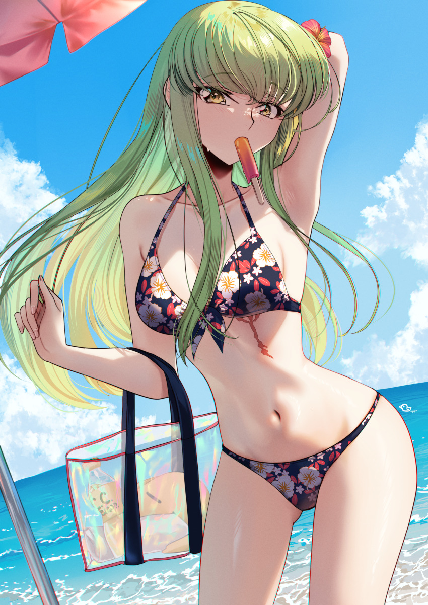 absurdres armpit_crease armpits bag bare_shoulders beach beach_umbrella bikini breasts budgiepon c.c. code_geass collarbone flower food food_in_mouth green_hair hair_flower hair_ornament highres long_hair navel ocean popsicle popsicle_in_mouth scar scar_on_breast shiny_skin small_breasts standing stomach swimsuit umbrella water yellow_eyes