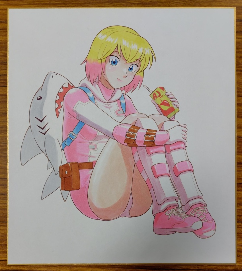 1girl animal_bag apple_juice arm_belt arm_guards backpack bag belt belt_buckle belt_pouch blonde_hair blue_eyes brown_belt buckle closed_mouth colored_tips commentary_request cropped drink_carton full_body gloves gwenpool hand_on_own_leg highres holding holding_juice_box hood hood_down hooded_leotard juice juice_box leotard marvel mizutani_kenta multicolored_hair pink_hair pink_leotard pink_shoes pouch shark_bag shin_guards shoes short_hair sitting smile sneakers solo thighs third-party_edit traditional_media two-tone_hair white_gloves