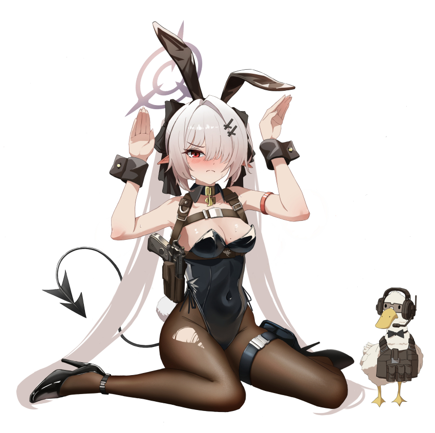 1girl absurdres animal_ears beretta_92 bird black_leotard black_shoes blue_archive breasts brown_eyes brown_pantyhose bulletproof_vest cleavage closed_mouth commentary_request dark-skinned_female dark_skin duck fake_animal_ears grey_hair gun hair_over_one_eye halo handgun headphones high_heels highres holster holstered iori_(blue_archive) korean_commentary large_breasts leotard long_hair looking_at_viewer mole mole_on_breast pantyhose playboy_bunny purple_halo rabbit_ears rabbit_pose shoes shoulder_holster simple_background smile solo sweat tail twintails weapon white_background zi0807