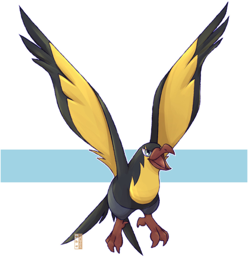 artist_name beak bird black_feathers dualcosmog feathered_wings feathers flying full_body highres kilowattrel nintendo no_humans open_mouth pokemon pokemon_(creature) solo watermark wings yellow_feathers
