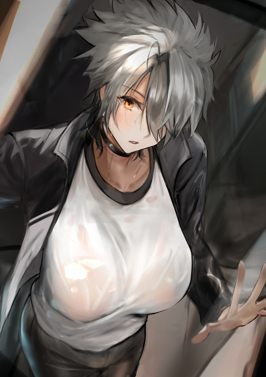 1girl absurdres black_choker breasts choker from_above grey_hair hair_over_one_eye highres jacket jikihatiman large_breasts long_bangs open_clothes open_jacket orange_eyes original see-through_clothes short_hair solo sweat