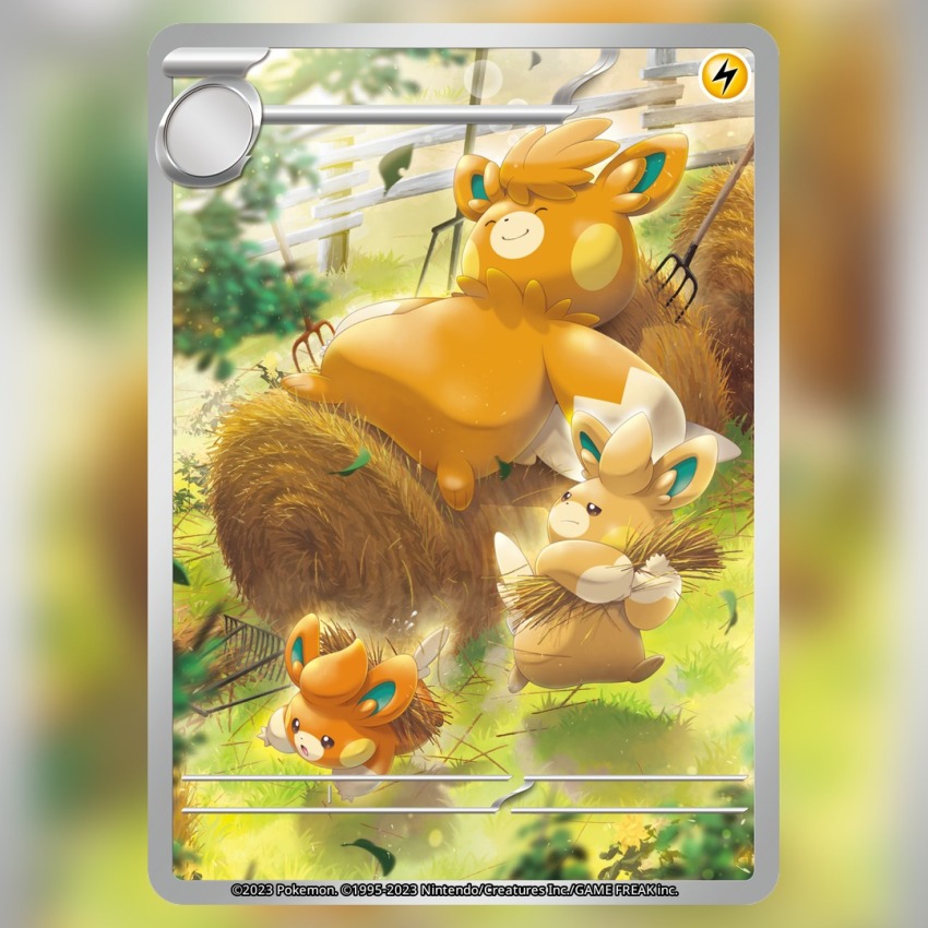 :o animal_focus artist_name card_(medium) closed_eyes closed_mouth commentary company_name copyright_name copyright_notice dot_nose english_commentary evolutionary_line fence grass hay hay_bale leaf lens_flare lying nintendo no_humans official_art on_back open_mouth outdoors pawmi pawmo pawmot pitchfork pokemon pokemon_(creature) pokemon_card pokemon_focus pokemon_tcg saitou_kouki smile textless_version third-party_source trading_card