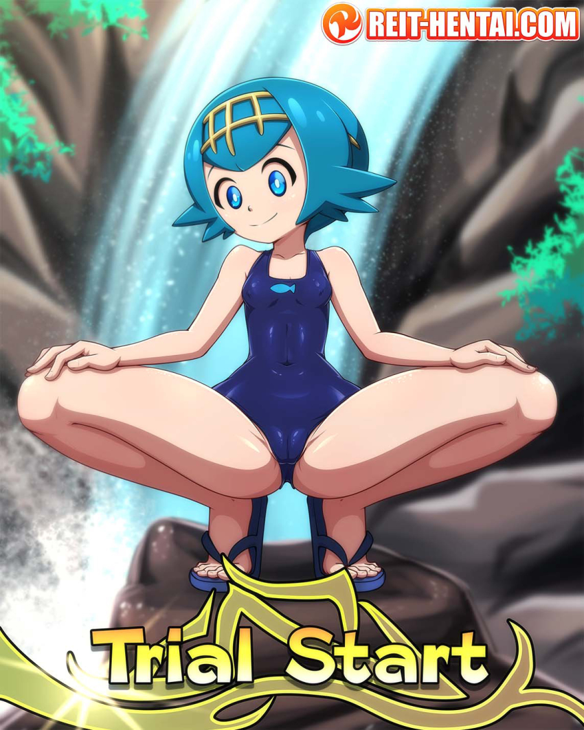 blue_eyes blue_hair breasts cameltoe english_text flip-flops highres lana_(pokemon) loli looking_at_viewer nintendo one-piece_swimsuit pokemon pokemon_sm reit sandals school_swimsuit short_hair small_breasts swimsuit tagme text_focus trial_captain