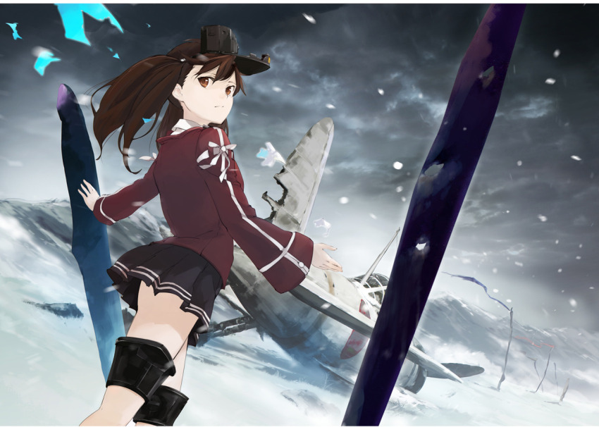 1girl aircraft airplane black_skirt broken brown_eyes brown_hair cloud cloudy_sky commentary_request dutch_angle japanese_clothes kantai_collection kariginu long_hair long_sleeves looking_at_viewer looking_to_the_side outdoors pleated_skirt revision ryuujou_(kancolle) skirt sky snow snowing solo takeshima_satoshi twintails visor_cap