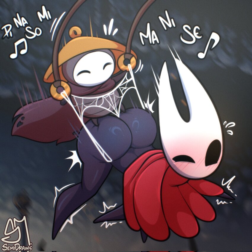 1boy 1girl arthropod_boy arthropod_girl ass bent_over black_cape black_eyes black_skin blurry blurry_background brown_hat cape cloak closed_eyes colored_skin commentary cymbals english_commentary flying_sweatdrops giving_wedgie hat highres hollow_eyes hollow_knight hollow_knight:_silksong hornet_(hollow_knight) horns instrument music musical_note on_ass red_cloak semi_draws sherma_(hollow_knight) silk singing spider_web twitching uneven_eyes wedgie