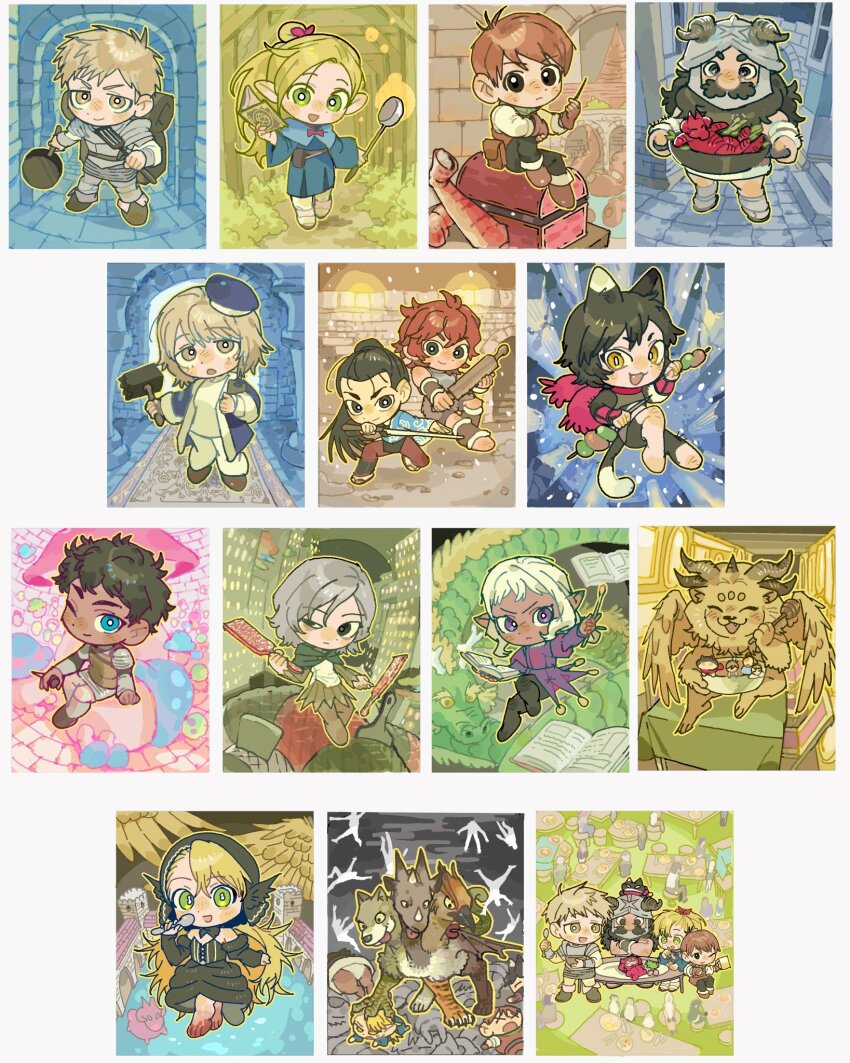 4girls 6+boys :3 :d :o ^_^ animal_costume animal_ears armor backpack bag bare_shoulders barefoot bat_wings beard beer_mug belt_pouch beret black_corset black_dress black_eyes black_fur black_hair black_hood black_pants blonde_hair blood blood_on_feet blue_capelet blue_coat blue_eyes blue_hat blue_kimono blue_robe book boots breastplate broken_pillar brown_eyes brown_hair brown_shoes capelet carpet cat_ears cat_girl cat_tail chair chibi chilchuck_tims chimera claws closed_eyes coat commentary cooking_pot corset crossed_arms cup curly_hair cutting_board dango dark-skinned_male dark_skin demon demon_horns detached_hood detached_sleeves dragon dragon_costume dragon_horns dress dungeon_meshi dwarf ear_covers eastern_dragon eastern_dragon_horns elf expressionless extra_eyes facial_hair fake_horns falin_touden fang feathered_wings food frying_pan furry furry_male green_eyes grey_hair grimoire hair_ribbon halfling hammer hat helmet herb highres holding holding_book holding_cup holding_frying_pan holding_hammer holding_knife holding_ladle holding_spatula holding_spoon holding_wand honey_dipper hood hooded_capelet horned_helmet horns izutsumi japanese_clothes jester_costume juliet_sleeves kabru kimono kitchen_knife knife kraken_(dungeon_meshi) ladle laios_touden laios_touden_(chimera) lamia lion long_beard long_hair long_sleeves looking_at_viewer marcille_donato marcille_donato_(lord) medium_hair mimic_(dungeon_meshi) mini_person mithrun mon_g_11 monster_girl moss mug multiple_boys multiple_girls mustache namari_(dungeon_meshi) neck_warmer one_eye_closed open_book open_mouth pants pauldrons plate_armor pointy_ears ponytail pouch puffy_sleeves purple_dress purple_eyes red_dragon_(dungeon_meshi) red_hair red_pants red_ribbon red_scarf ribbon robe sandals scarf senshi_(dungeon_meshi) shirt shoes short_hair shoulder_armor shurou sidelocks sitting sleeping_bag smile spatula spoilers spoon stone_floor stone_pillar stone_wall sweatdrop symbol-only_commentary table tail thigh_boots thistle_(dungeon_meshi) treasure_chest tunic uneven_eyes v-shaped_eyebrows very_long_beard very_long_hair wagashi walking_mushroom_(dungeon_meshi) wand water white_background white_fur white_hair white_pants white_shirt white_tunic wide_sleeves winged_lion_(dungeon_meshi) wings x_x yellow_eyes