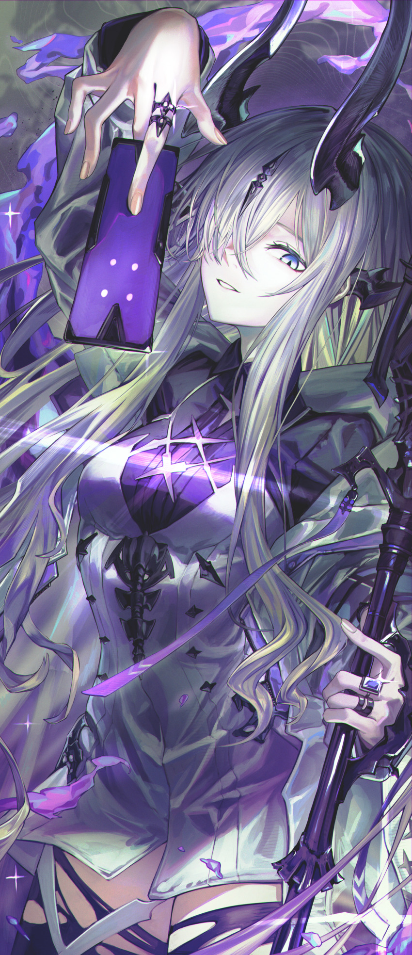 1girl absurdres arknights arm_up between_fingers black_thighhighs blue_eyes breasts commentary_request dress grey_dress grey_hair hair_over_one_eye highres holding horns long_sleeves looking_at_viewer medium_breasts necrass_(arknights) safutsuguon solo thighhighs torn_clothes torn_thighhighs