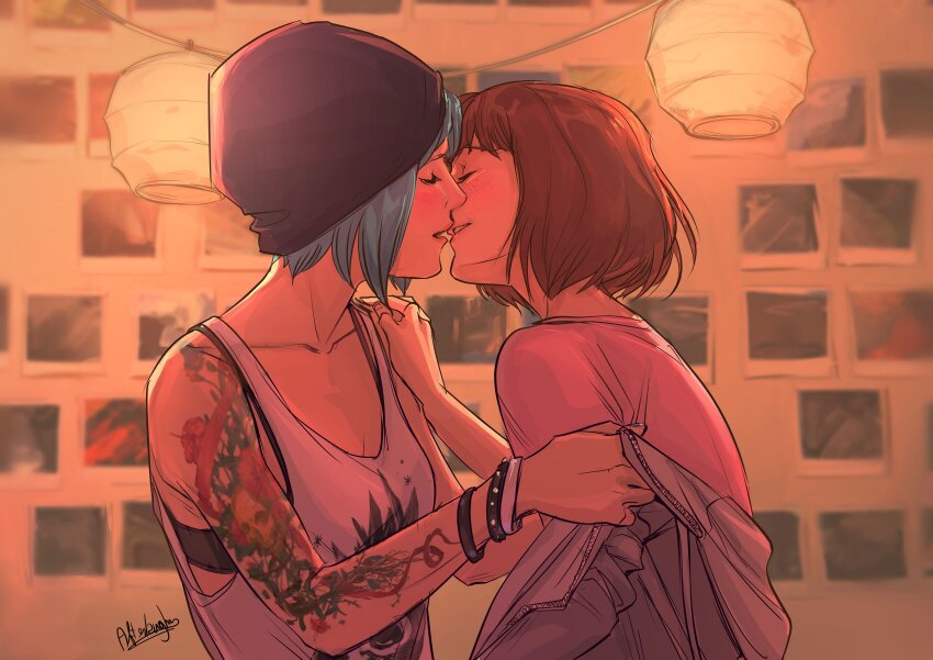 2girls absurdres afterlaughs arm_tattoo beanie black_hat blue_hair brown_hair chloe_price commentary english_commentary hat highres imminent_kiss indoors lantern life_is_strange_(series) life_is_strange_1 max_caulfield multiple_boys multiple_girls paper_lantern short_hair tattoo upper_body yuri