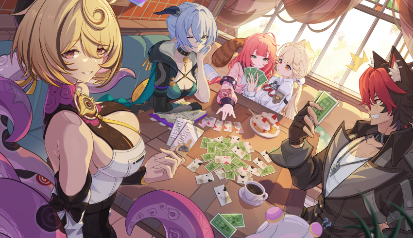 1boy 4girls ? ?? ^^^ absurdres alice_thymefield animal_ear_fluff animal_ear_piercing animal_ears animal_on_back bare_shoulders black_gloves black_hair black_hat black_unitard blonde_hair blue_hair braid braided_twintails breasts bupa_chila cake cake_slice card cardigan chest_bow chinese_commentary choker cleavage closed_mouth coffee collar collarbone commentary crossed_bangs cup curtains detached_sleeves dog_boy dog_ears fingerless_gloves food gloves goat_ears goat_girl goat_horns green_eyes hair_between_eyes hair_intakes hair_ornament hat head_rest heterochromia high-waist_shorts highres horizontal_pupils horns indoors jewelry kamanosuke_(zenless_zone_zero) key key_choker komano_manato large_breasts long_hair looking_at_viewer low_twintails lucia_elowen mole mole_under_mouth multicolored_hair multiple_girls muscular muscular_male necklace one_eye_closed open_mouth parted_lips pectorals pink_cardigan plate playing_card pointy_ears purple_eyes rabbit_ears rabbit_girl raccoon red_eyes red_hair scar scar_across_eye scar_on_chest scar_on_face shirt short_hair shorts sitting smile sphere_hair_ornament suction_cups table tentacle_girl tentacle_tail tentacles twintails ukinami_yuzuha white_shirt window yellow_eyes yidhari_murphy zenless_zone_zero