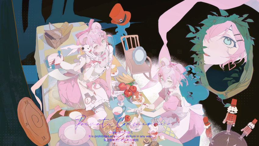 2girls absurdres animal_ears apple apron banana basket blue_eyes bow bread cake cake_slice chair cherry clock closed_mouth commission cup dress food fruit glass hai_yexing_ren hair_between_eyes hair_ornament hairpin hat heterochromia highres ice_cream leaf long_hair mihuashi_commission mirror multiple_girls multiple_views orange_hat original pink_bow pink_dress pink_eyes pink_hair plate puffy_short_sleeves puffy_sleeves short_sleeves sidelocks sitting stuffed_animal stuffed_toy table tablecloth watermark white_apron wrist_cuffs