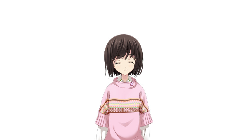 1girl bob_cut brown_hair chaos;child child closed_eyes collared_shirt facing_viewer game_cg highres matsuo_yukihiro non-web_source official_art pink_sweater science_adventure shirt short_hair smile solo sprite sweater swept_bangs tachibana_yui transparent_background white_shirt