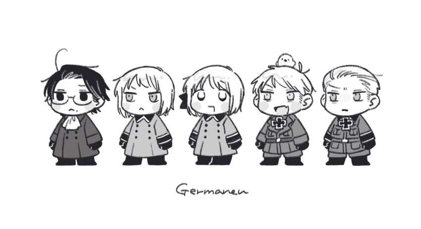 1girl 4boys :< ahoge animal animal_on_head ascot austria_(hetalia) axis_powers_hetalia baby_animal baggy_pants beak belt bird bird_on_head bird_wings blush_stickers boots bow breast_pocket brother_and_sister brothers buttons chibi chibi_only chick clenched_hands closed_mouth collared_coat collared_jacket commentary_request cross fang full_body germany_(hetalia) gilbird glasses gloves greyscale hair_bow half-closed_eyes highres iron_cross jacket lapels liechtenstein_(hetalia) long_sleeves looking_afar looking_at_another mi_aph_to military military_jacket military_uniform mole mole_under_mouth monochrome multiple_boys on_head open_mouth pants pet pocket prussia_(hetalia) semi-rimless_eyewear short_hair siblings skin_fang smile standing switzerland_(hetalia) wings