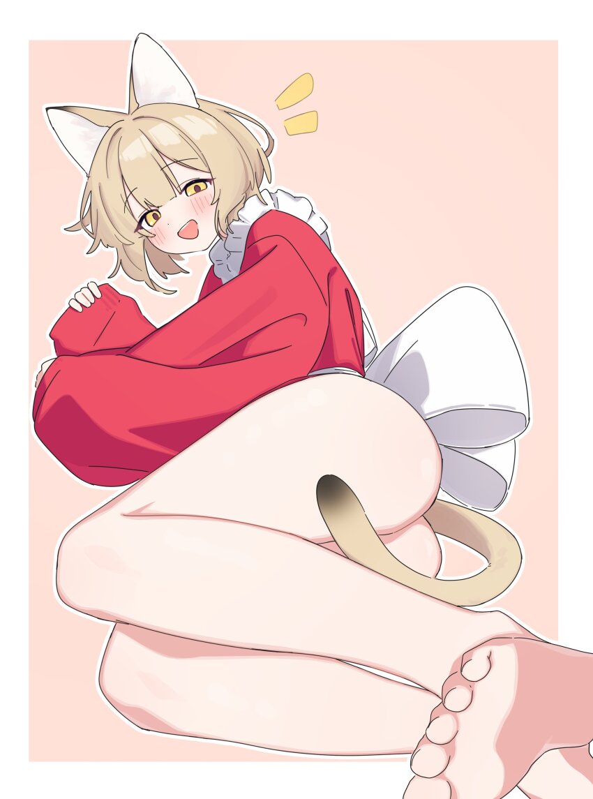 1girl :d absurdres animal_ear_fluff apron ass barefoot blush border bottomless brown_background brown_hair commentary dress highres long_sleeves looking_at_viewer lying on_side open_mouth original outline pinching_sleeves puffy_long_sleeves puffy_sleeves red_dress riya_(01214) sleeves_past_wrists smile soles solo symbol-only_commentary tail_censor white_apron white_border white_outline yellow_eyes