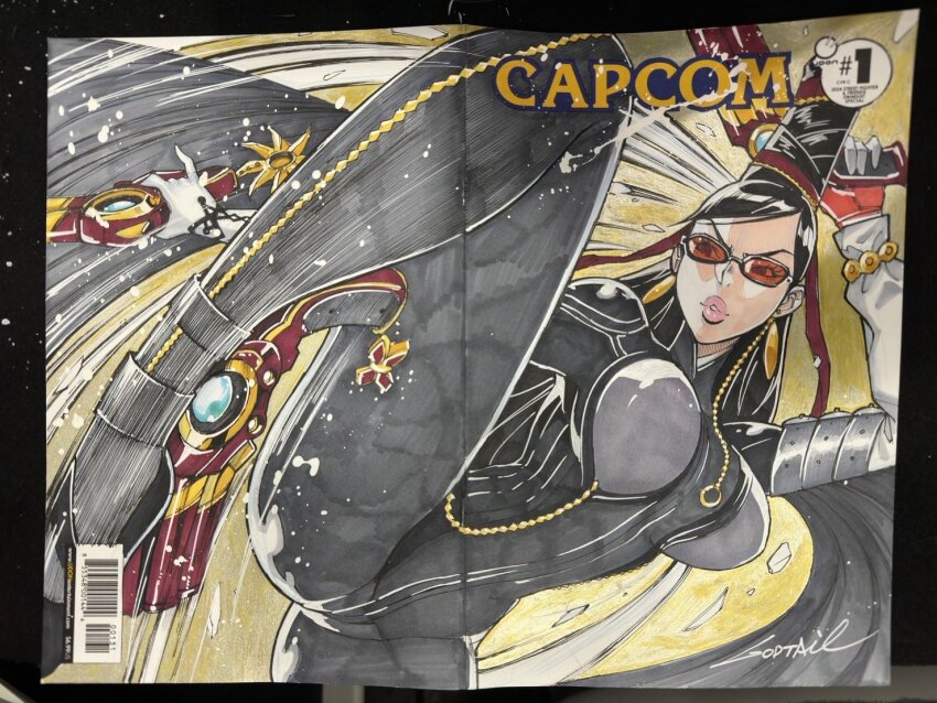 1girl ankle_gun bayonetta bayonetta_(series) bayonetta_1 black_bodysuit black_hair black_hat bodysuit breasts glasses godtail gun hashtag-only_commentary hat holding holding_gun holding_weapon kicking large_breasts photo_(medium) solo traditional_media weapon