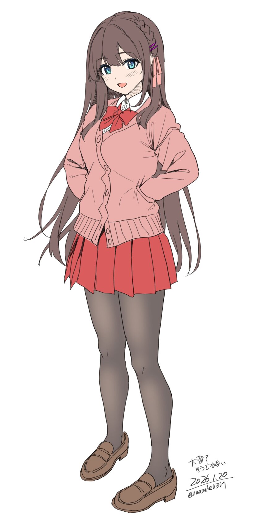 1girl absurdres black_pantyhose blue_eyes bow bowtie braid breasts brown_hair cardigan collared_shirt full_body hair_ornament hair_ribbon hairclip highres long_hair long_sleeves looking_at_viewer open_mouth original pantyhose pink_cardigan pink_ribbon pleated_skirt red_bow red_bowtie red_skirt ribbon school_uniform shirt shoes simple_background skirt smile solo unasaka_ryou white_background white_shirt