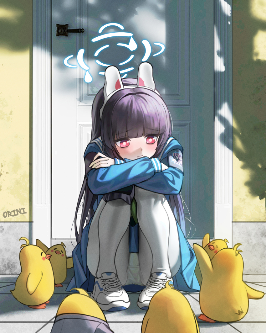 1girl absurdres animal animal_ears baby_animal bird blue_archive blue_sailor_collar blue_serafuku blue_shirt blue_skirt brown_hair chick closed_mouth commentary day door fake_animal_ears green_panties halo headgear highres loli long_hair looking_to_the_side miyu_(blue_archive) orini outdoors panties panties_under_pantyhose pantyhose pleated_skirt rabbit_ears red_eyes revision sailor_collar school_uniform serafuku shirt shoes signature skirt sneakers solo squatting underwear very_long_hair white_pantyhose white_shoes
