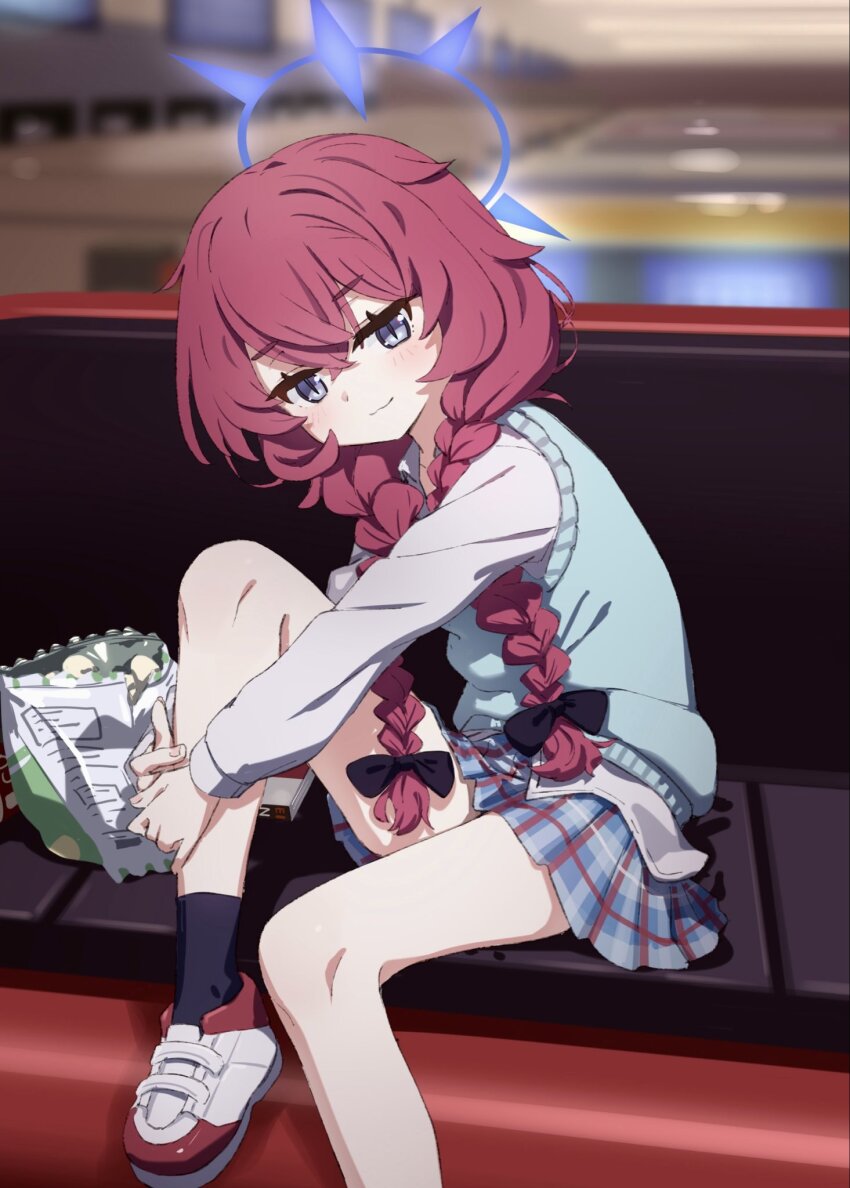 1girl alternate_costume alternate_hairstyle aqua_sweater_vest black_bow black_socks blue_archive blue_skirt blurry blurry_background bow braid commentary_request from_side grey_eyes hair_between_eyes hair_bow halo highres hugging_own_leg iroha_(blue_archive) knee_up long_hair long_sleeves looking_at_viewer low_twin_braids natsuki_(gedo) plaid_clothes plaid_skirt pleated_skirt purple_halo red_hair shirt shoes sitting skirt smile sneakers socks solo sweater_vest twin_braids white_shirt