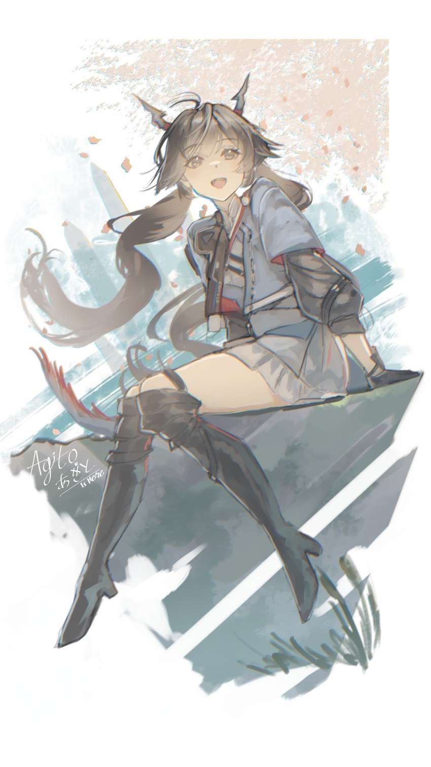 1girl absurdres agito_(agitoishere) arknights arknights:_endfield black_boots black_gloves black_hair blue_jacket boots chen_qianyu_(arknights) commentary_request dragon_girl dragon_horns dragon_tail gloves grey_eyes high_heel_boots high_heels highres horns jacket knee_boots long_hair looking_at_viewer mandarin_collar open_mouth shirt sitting skirt solo tail twintails white_shirt white_skirt