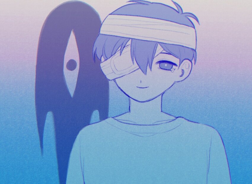 1boy antenna_hair black_eyes black_hair bright_pupils closed_mouth collarbone commentary double-parted_bangs english_commentary hair_between_eyes hashtag-only_commentary highres looking_at_viewer male_focus omo_taru omori smile solo something_(omori) spoilers sunny_(hospital_gown)_(omori) sunny_(omori) tearing_up upper_body white_pupils