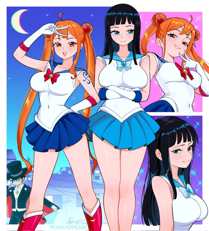 1boy 2girls bishoujo_senshi_sailor_moon black_hair blue_eyes blue_ribbon blue_sailor_collar breasts cosplay elpipe_3000 highres monkey_d._luffy moon multiple_girls nami_(one_piece) nico_robin one_piece orange_hair red_eyes red_ribbon ribbon sailor_collar sailor_mercury sailor_mercury_(cosplay) sailor_moon sailor_moon_(cosplay) sailor_senshi_uniform smile tuxedo tuxedo_kamen tuxedo_kamen_(cosplay)