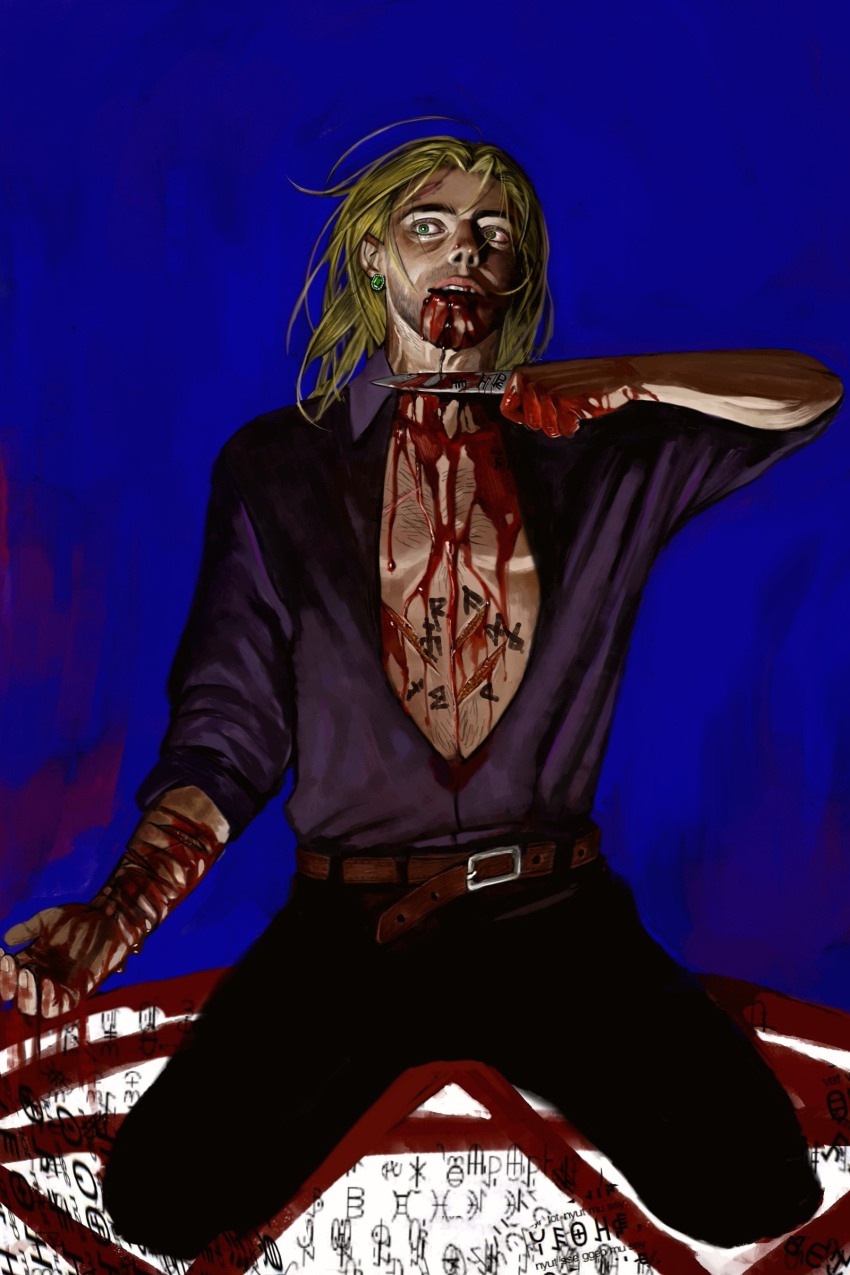 1boy absurdres aegyo_sal bear_earrings beard belt blonde_hair blood blood_from_mouth chest_hair crazy_eyes dieantwoord2580 facial_hair facing_viewer green_eyes hand_up highres looking_at_viewer looking_to_the_side open_mouth original partially_open_shirt pectorals purple_shirt self-harm shirt shirt_tucked_in sitting sleeves_rolled_up slit_throat solo suicide summoning wariza wrist_cutting
