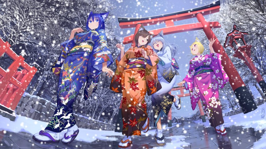 4girls absurdres animal_ears blonde_hair blue_eyes blue_hair brown_hair cat_ears closed_eyes commentary_request commission full_body grey_hair highres japanese_clothes kimono long_hair looking_at_another multiple_girls okuribi original outdoors print_kimono purple_eyes sandals short_hair skeb_commission sky snow snowing tabi torii walking winter zouri