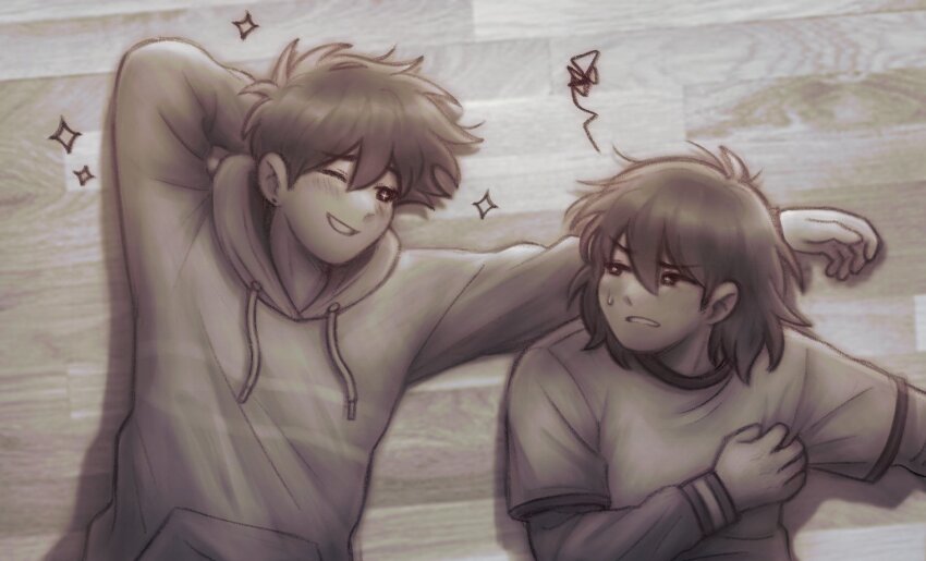 +_+ 2boys alternate_costume antenna_hair arm_behind_head arm_up bright_pupils brothers commentary double-parted_bangs ear_piercing english_commentary grin hair_between_eyes hero_(faraway)_(omori) hero_(omori) hood hood_down hoodie kel_(faraway)_(omori) kel_(omori) long_sleeves looking_at_another male_focus multiple_boys omori one_eye_closed open_mouth piercing sepia setosexual shirt short_hair siblings smile sweatdrop t-shirt teeth