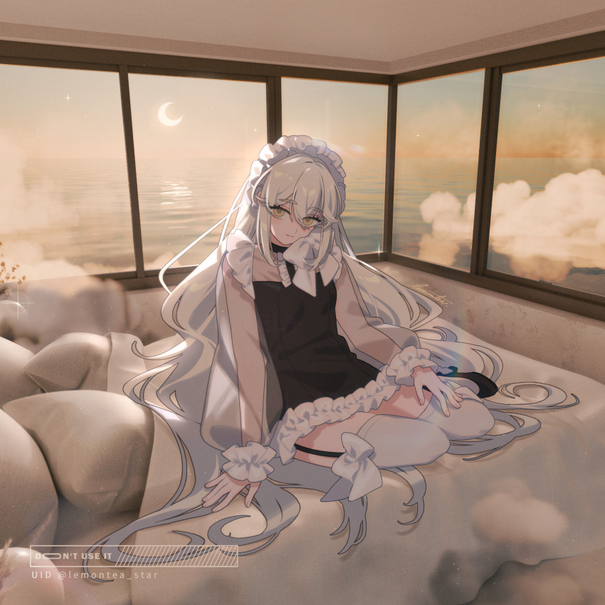 1girl 3d 3d_background bed black_dress bow commentary crescent_moon dress english_commentary fog garter_straps hand_on_own_thigh head_tilt high_heels highres lace_trim lemontea long_hair long_sleeves looking_to_the_side maid_headdress mistee_(lemontea) mixed_media moon ocean on_bed original pillow puffy_long_sleeves puffy_sleeves see-through_clothes see-through_sleeves short_dress sitting smile solo star_(sky) thighhighs very_long_hair wavy_hair white_hair window yellow_eyes yokozuwari