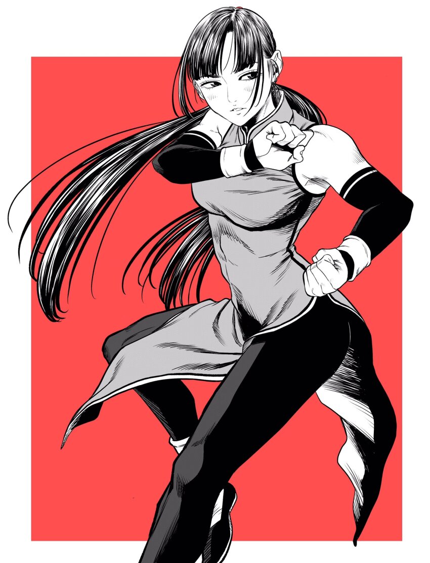 1girl breasts china_dress chinese_clothes commentary_request covered_abs detached_sleeves dress fighting_stance greyscale_with_colored_background hatching_(texture) highres kung_fu lee_(dragon_garou) low_twintails medium_breasts original pants parted_lips red_background shoes solo twintails