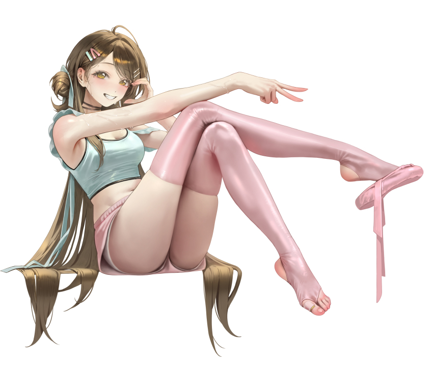 1girl absurdres ahoge armpits asha_(bangsom) bangsom blush breasts brown_eyes brown_hair cleavage commentary_request crossed_legs dolphin_shorts feet full_body grin hair_bun hair_ornament hairclip half-heart_hands highres knees_up long_hair looking_at_viewer medium_breasts off_shoulder original panties pantyshot pink_shorts pink_thighhighs shirt shorts simple_background sitting sleeveless sleeveless_shirt smile solo sweat teeth thighhighs thighs toes underwear v white_background