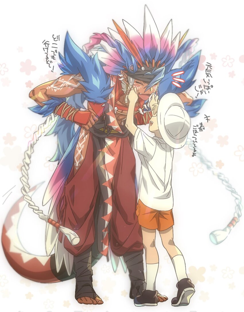 2boys baggy_pants blue_hair braid closed_eyes clothing_cutout commentary dark-skinned_female dark_skin facing_another fang floral_background food food_on_face full_body hands_on_own_hips hat headdress highres hip_vent koraidon leg_wrap lizard_tail long_hair male_focus multiple_boys nintendo pants pelvic_curtain personification pink_hair pointy_ears pokemon pokemon_sv red_pants reptile_boy shirt shorts solo standing symbol-only_commentary tail toned toned_male translation_request twin_braids uochandayo very_long_hair white_background white_hair white_shirt wiping_face
