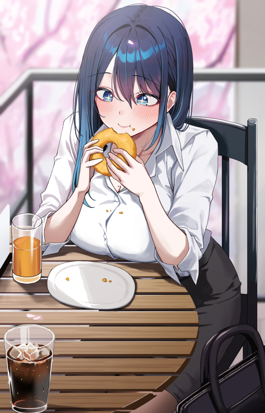 +_+ 1girl :t absurdres bag black_skirt blue_eyes blue_hair blurry blurry_background blush breast_rest breasts breasts_on_table brown_pantyhose buttons chair cherry_blossoms cleavage closed_mouth collarbone collared_shirt crumbs cup depth_of_field donut drink drinking_glass eating elbows_on_table feet_out_of_frame food food_on_face hair_between_eyes hair_intakes hair_over_shoulder handbag hands_up highres holding holding_donut holding_food ice ice_cube juice kouhai-chan_(udon) large_breasts long_sleeves looking_at_object medium_hair miniskirt mole mole_on_breast napkin_holder office_lady on_chair open_collar orange_juice original outdoors pantyhose pencil_skirt plate railing round_table shirt shirt_tucked_in sidelocks sitting skirt sleeves_rolled_up smile soda solo table udon_(udonalium) white_shirt wooden_table
