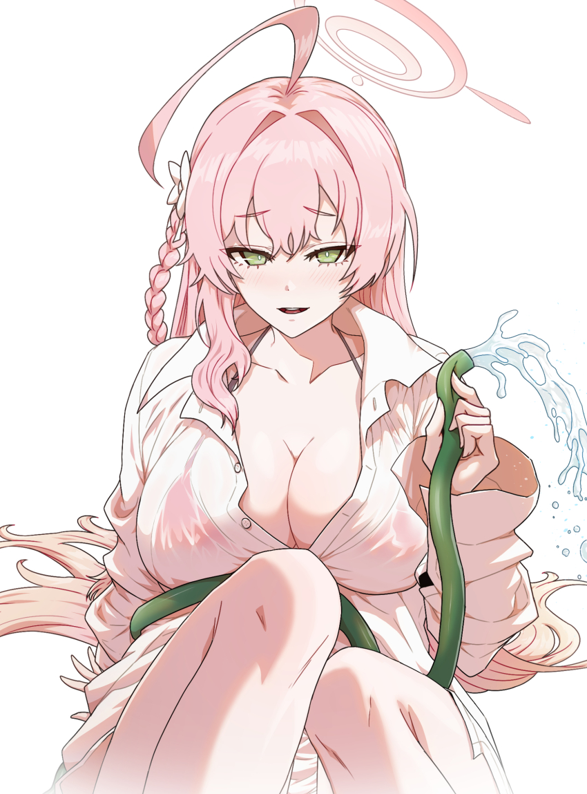 1girl ahoge arm_at_side arm_support augustus_(as7648) bikini bikini_under_clothes blue_archive braid breasts bright_pupils buttons cleavage collared_shirt commentary double-parted_bangs green_eyes hair_intakes halo hanako_(blue_archive) hand_up highres holding holding_hose hose huge_ahoge knees_up large_breasts long_sleeves looking_at_viewer parted_lips partially_unbuttoned pink_hair pink_halo raised_inner_eyebrows see-through_clothes see-through_shirt shirt side_braid simple_background sitting smile solo swimsuit symbol-only_commentary water white_background white_pupils white_shirt