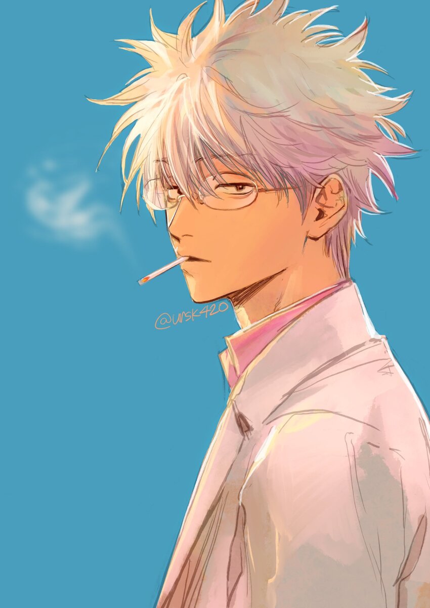 1boy blue_background cigarette collared_shirt from_side gintama glasses highres jacket looking_at_viewer male_focus mouth_hold pink_shirt rimless_eyewear sakata_gintoki shirt simple_background smoking solo suit_jacket twitter_username uraki_(tetsu420) white_jacket
