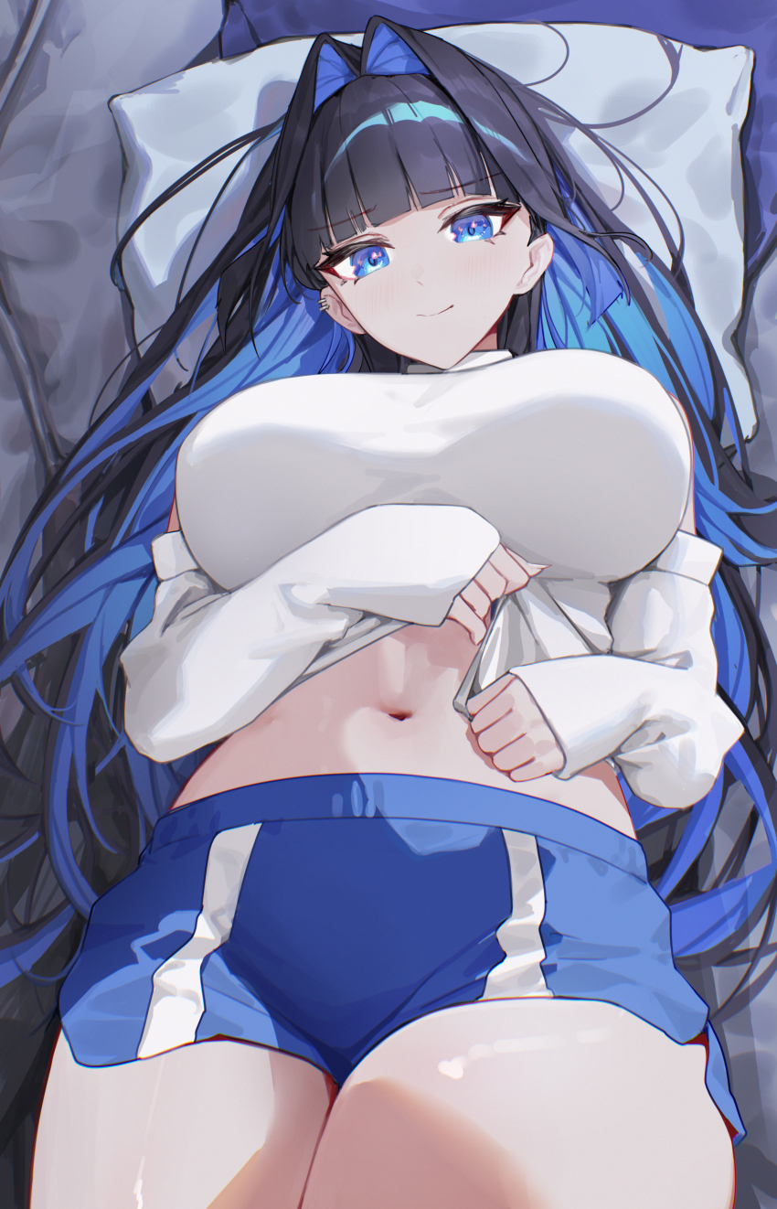 1girl absurdres black_hair blue_eyes blue_hair blue_shorts blunt_bangs blunt_ends breasts closed_mouth clothes_lift colored_inner_hair commentary detached_sleeves earrings english_commentary hair_intakes highres hime_cut hololive hololive_english jewelry large_breasts long_hair long_sleeves looking_at_viewer lying midriff multicolored_hair navel official_alternate_costume on_back ouro_kronii ouro_kronii_(casual) shirt shirt_lift short_shorts shorts sleeveless sleeveless_turtleneck sleeves_past_wrists smile solo turtleneck virtual_youtuber white_shirt yoellim5