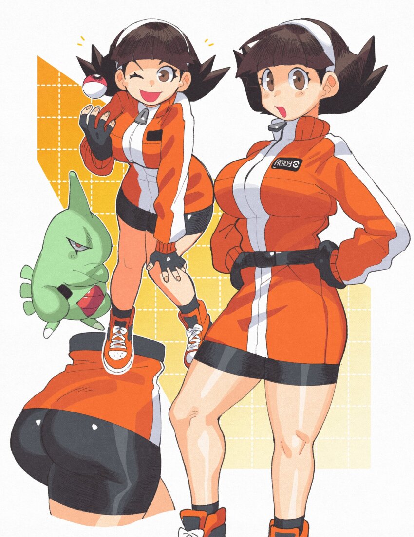 1girl ace_trainer_(female)_(pokemon_gsc) ace_trainer_(pokemon) ass ass_focus ball_toss bike_shorts black_gloves black_shorts blunt_bangs brown_eyes brown_hair commentary crossed_arms english_commentary fingerless_gloves flipped_hair frown full_body gen_2_pokemon gloves hairband hand_on_own_knee hands_on_own_hips high_collar highres holding holding_poke_ball inkerton-kun jacket knees_together_feet_apart larvitar leaning_forward long_sleeves multiple_views nintendo one_eye_closed open_mouth orange_jacket orange_shoes parted_lips poke_ball poke_ball_(basic) pokemon pokemon_(creature) pokemon_gsc shoes short_hair shorts smile sneakers solo_focus standing white_hairband zipper_pull_tab