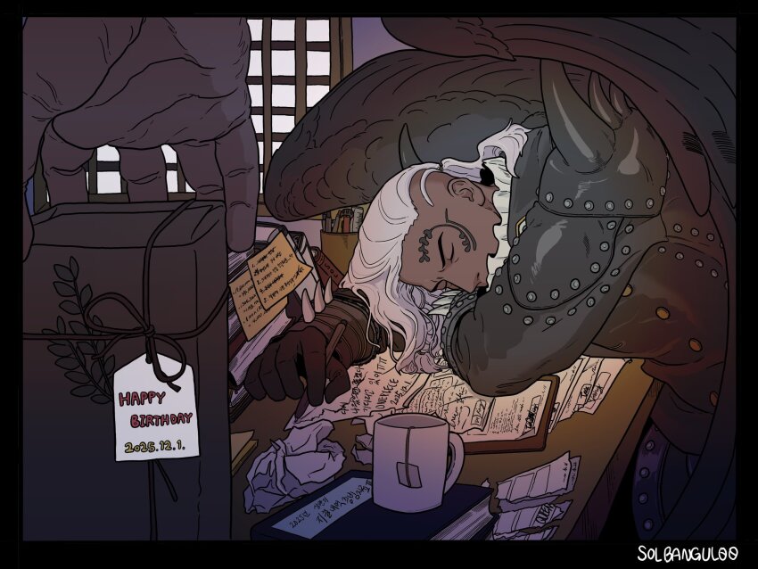 2025 2boys asymmetrical_hair black_gloves black_jacket black_wings book commentary cup dark-skinned_male dark_skin dated english_text facial_tattoo feathered_wings gift gloves happy_birthday highres holding holding_gift holding_pen indoors jacket kaidou_(one_piece) king_(one_piece) leather leather_jacket long_hair male_focus multiple_boys one_piece papers pen shoulder_spikes sleeping solbangul00 spikes symbol-only_commentary table tattoo white_hair wings