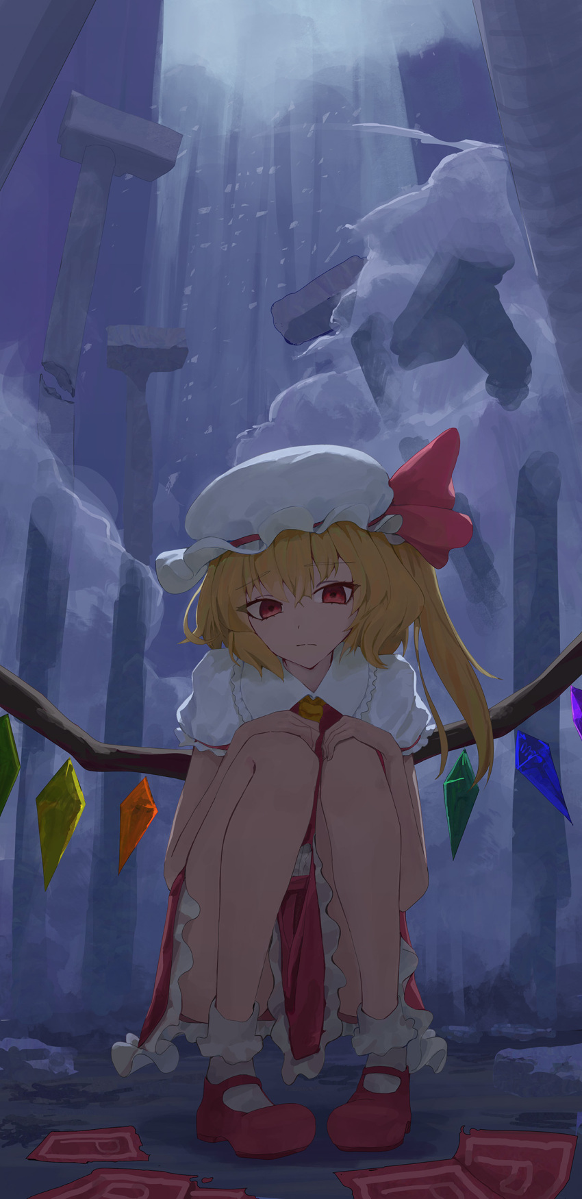 1girl absurdres akeguchi ascot blonde_hair collared_shirt commentary_request crystal crystal_wings defeat disappointed flandre_scarlet frilled_shirt_collar frilled_skirt frills hat hat_ribbon highres mary_janes mob_cap multicolored_wings one_side_up power_item_(touhou) puffy_short_sleeves puffy_sleeves red_eyes red_shoes red_skirt red_vest ribbon shirt shoes short_sleeves skirt skirt_set socks solo squatting touhou vest white_hat white_shirt white_socks wings yellow_ascot