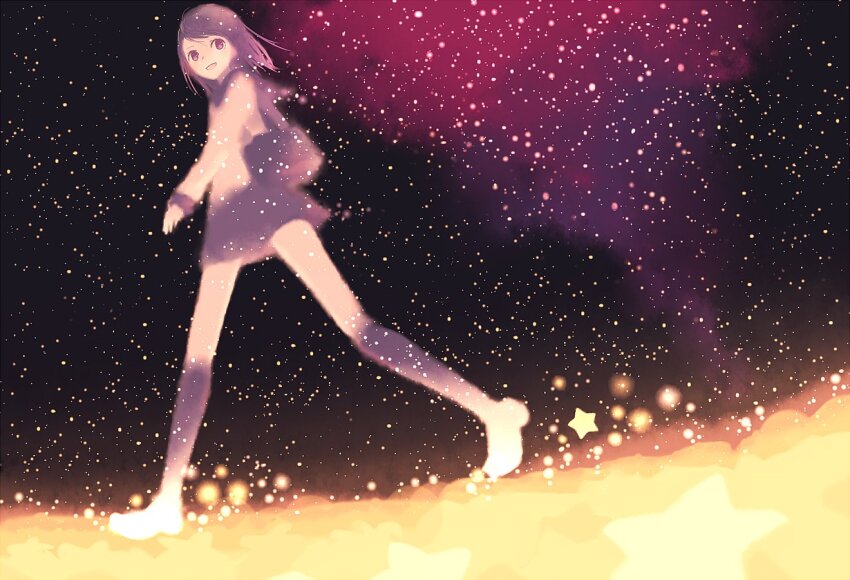 1girl :d bag black_sky blurry full_body light_particles long_sleeves looking_at_viewer medium_hair miniskirt open_mouth original school_bag school_uniform serafuku skirt sky smile solo star_(sky) star_(symbol) starry_sky walking yukitake_(bullfalk)