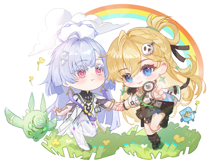 2girls :t ahoge black_boots black_skirt blonde_hair blue_eyes blush boots braid chibi chibi_only closed_mouth cloud colored_eyelashes commentary_request earrings green_necktie grey_hair hair_ornament hairclip halo headphones headphones_around_neck holding_hands id_card jewelry long_hair lynae_(wuthering_waves) making-of_available mornye_(wuthering_waves) multi-source_commentary multiple_girls necktie pink_eyes qi_sheng_ao rainbow shirt skirt skull_hair_ornament standing standing_on_one_leg star_(symbol) star_earrings triangle_earrings very_long_hair white_shirt wuthering_waves